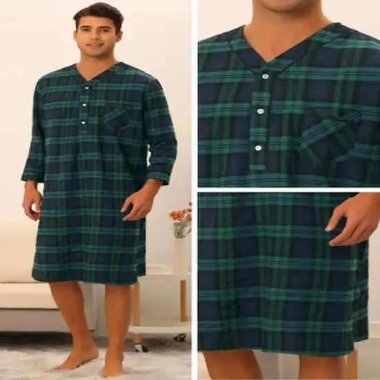 Lars Amadeus Men's V Neck Button Checked Nightshirts Pajamas image {2}