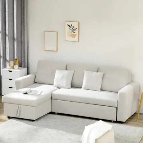 HOMCOM Sectional Sleeper Sofa, Linen Fabric L Shaped Couch with Pull out Bed, Reversible Storage Chaise for Living Room, Apartment, 3-seat, Beige image {1}