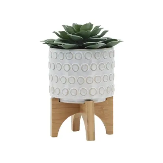 Sagebrook Home 5" Wide Circle Pattern Round Ceramic Planter Pot with Wood Stand image {2}