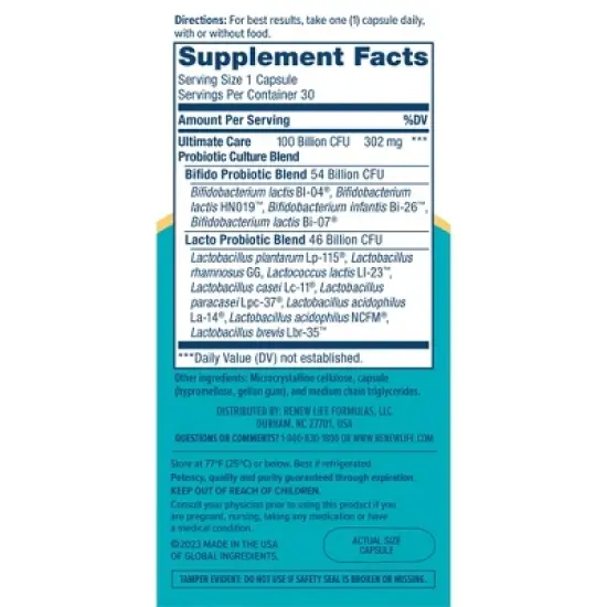 Renew Life Adult Ultimate Care Probiotic, 100 Billion CFU Per Capsule, 12 Strains, Potent Shelf Stable Probiotic; Gluten, Dairy, Soy Free; 30 Capsules image {4}