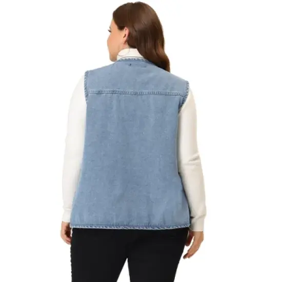 Agnes Orinda Women's Plus Size Sleeveless Denim Button Down V Neck Jean Vest image {3}