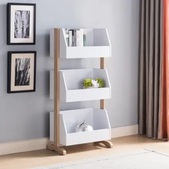 FC Design Two-Toned Bookcase with Three Shelves Wooden Display Storage Cabinet in White and Weathered White Finish image {1}