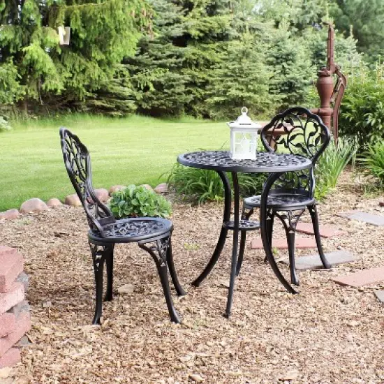 Sunnydaze Floral Design Cast Aluminum Outdoor Patio Bistro Set, Black, 3pc image {1}