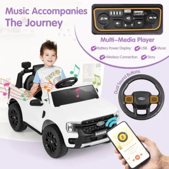 Infans 12V Licensed Ford Ranger Ride On Car for Kids, Spring Suspension, 3 Speeds, Horn, LED Lights, Powered Ride On Toy with Remote Control, White image {3}