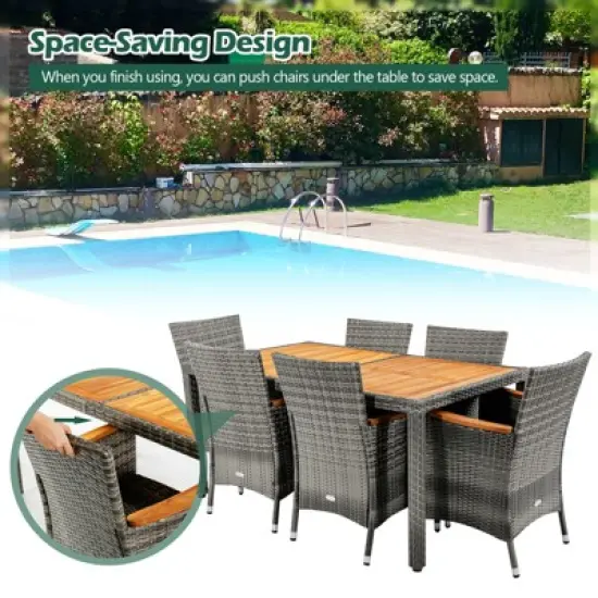 Tangkula 7PCS Patio Rattan Furniture Set Outdoor Conversation Set w/Cushions Acacia Wood Table image {3}