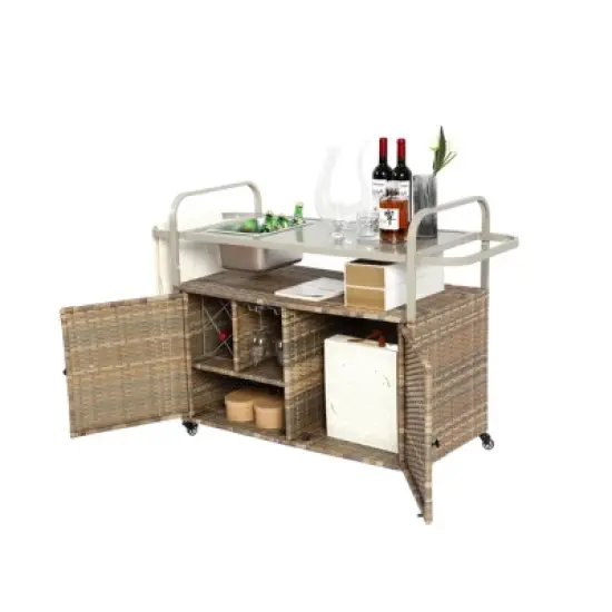 Outdoor Bar Table With One Ice Bucket, Lockable Wheels, Side Basket For Garden, Wicker Bar Cart With Cabinet, Bar Cart Outdoor-Cuddlewood image {4}