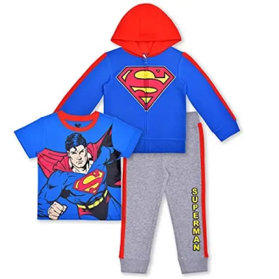 Warner Bros Boy's Superman 3 Piece Coordinates, Graphic Printed Hoodie Jacket, T-Shirt, and Jog Pants Set for toddler image {7}