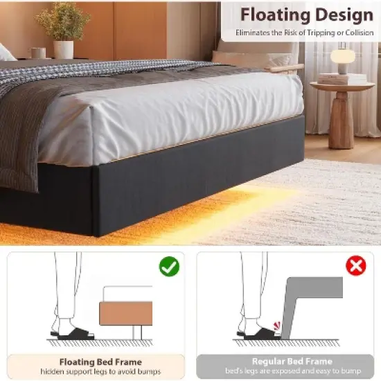Floating Bed Frame with LED Lights & USB Charging Station &ndash; Modern Upholstered Platform Bed with Headboard, Solid Wood Slats Support image {6}