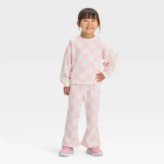 Grayson Mini Toddler Girls' Checkered French Terry Puff Sleeve Crewneck Sweatshirt - Pink image {2}