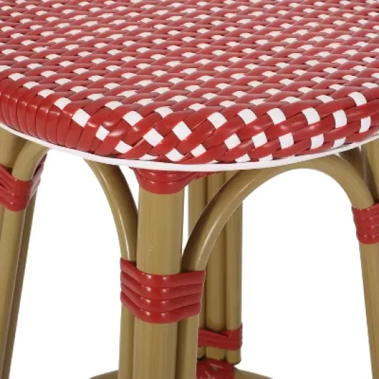 Outdoor PE Ratten and Aluminum 29.5" French Backless Barstools, Set of 2, Red, Bamboo Print Finish image {5}