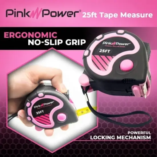 Pink Power 25ft Pink Tape Measure - Measuring Tape for Women's Tool Kit with Retractable Blade and Lock Button - Girls Lightweight Measurement Tool image {3}