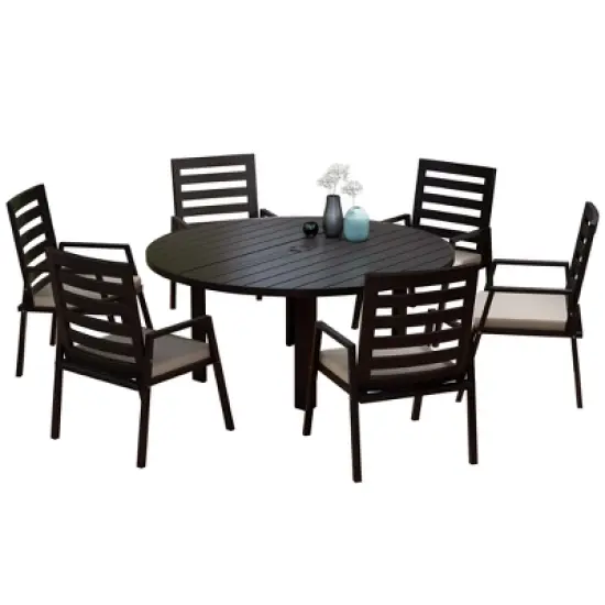 LeisureMod Chelsea 7-Piece Patio Dining Set, 60" Round Aluminum Dining Table and 6 Dining Armchair image {17}