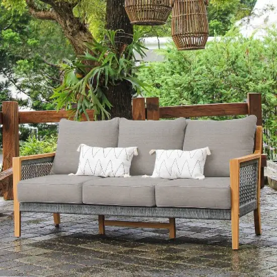 Cambridge Casual Nassau Teak Wood Patio Sofa with Beige Cushion Beige image {6}
