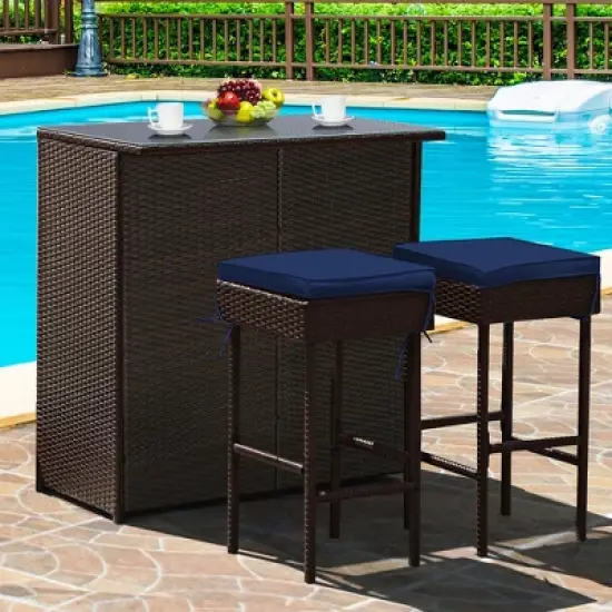 Costway Patio 3PCS Rattan Bar Table Stool Set Cushioned Chairs with  Cover image {11}