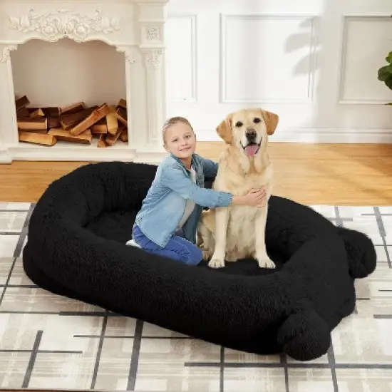 Human Dog Bed, 71''x45''x12'' Large Dog Bed with Blanket, Storage Pockets, Portable Handle, Removable Cover, Human Size Pet Bed image {7}