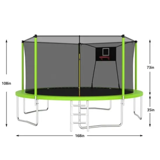 DSVIMOY 14FT Trampoline with Safety Enclosure Net, Trampoline with Basketball Hoop, Green, 168"*168"*108" image {2}
