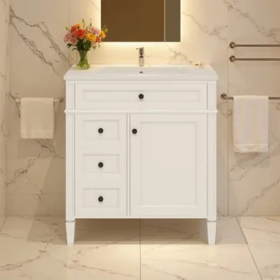 SpassWay 30"L White Modern Bathroom Vanity with Sink 2 Drawers Tip Out Storage Cabinet image {12}