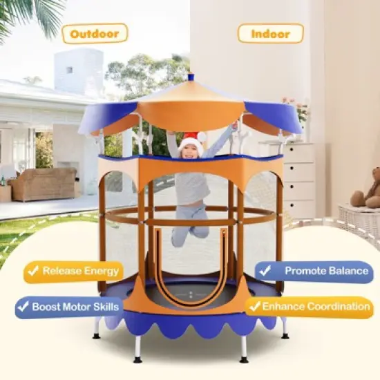 Costway 64'' Kids Trampoline w/ Detachable Canopy Safety Enclosure Net Foam Handle Pink/Orange image {7}