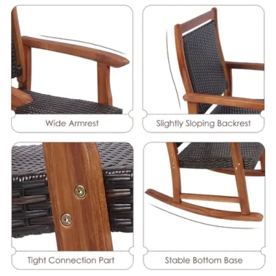 Costway 3PCS Patio Rattan Rocking Chair Bistro Set Acacia Wood Frame Armrest image {7}