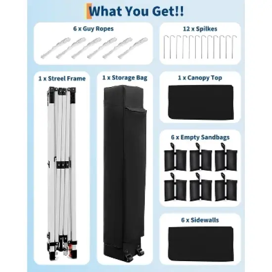 20x10 Pop Up Canopy with 6-Sidewall, Outdoor Tent with Portable Roller Bag - 3 Adjustable Height, 4 Weight Bags, 8 Stakes & 6 Guy Ropes image {6}