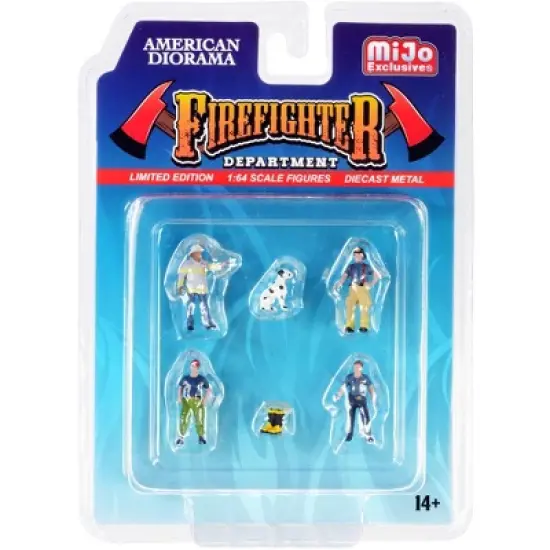 "Firefighter II" 6 piece Diecast Set (4 Figurines, 1 Dog and 1 Accessory) for 1/64 Scale Models by American Diorama image {2}