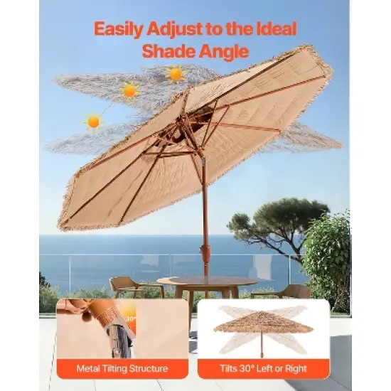 VEVOR Tiki Umbrella, 9 ft Thatched Patio Umbrella with Tilt, 2-Tier Hawaiian Style Beach Parasol with PP Thatch and 8 Metal Ribs, Original Color image {3}