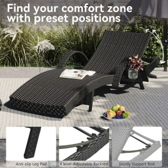 LOVSON 80'' Outdoor Wicker Chaise Lounge (Set of 2), Pull-Out Side Table, Adjustable Backrest, Pool Sun Lounger, Black image {4}