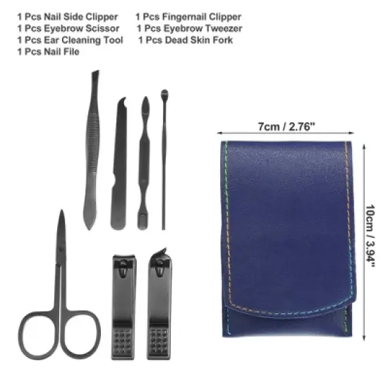 Unique Bargains Stainless Steel Pedicure Nail Clippers Scissors Tool Set for Men Women Black with Blue PU Leather 7 Pcs image {1}