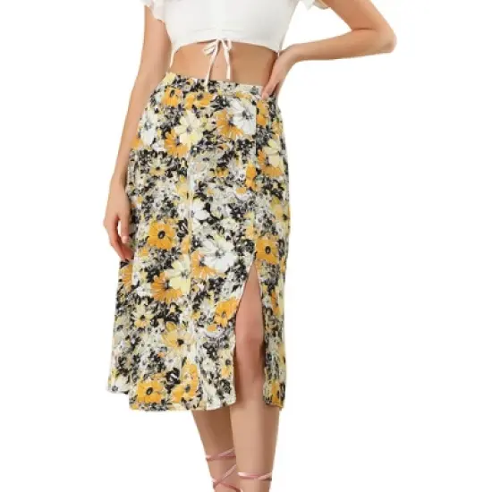 Allegra K Women's Boho Floral High Waist Split A Line Midi Skirt image {8}