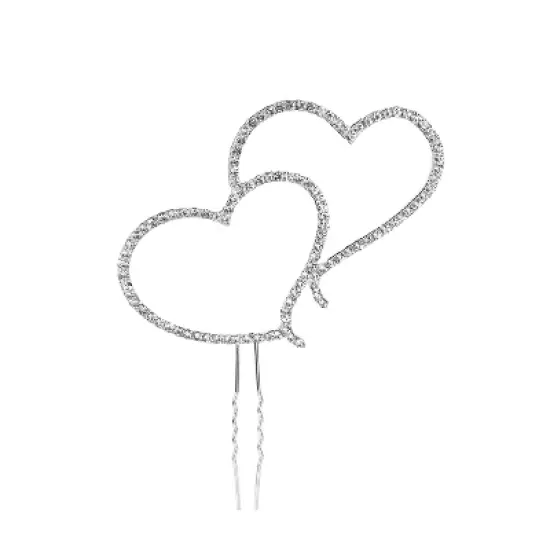 O'Creme Rhinestone Silver-Colored Double-Heart Cake Topper image {1}