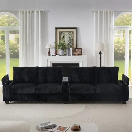 4-seater Corduroy Sofa Couch 133" Modern Sofa with USB Ports, Hidden Storage Arms, Flip-Top Cup Holders for Living Room, Black image {7}