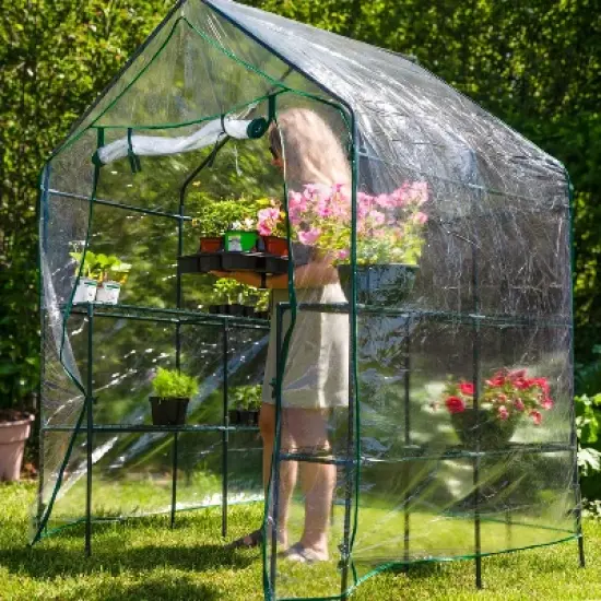 Sunnydaze Outdoor Portable Growing Rack Grandeur Mini Walk-In Greenhouse with Roll-Up Door - 4 Shelves - Clear image {3}