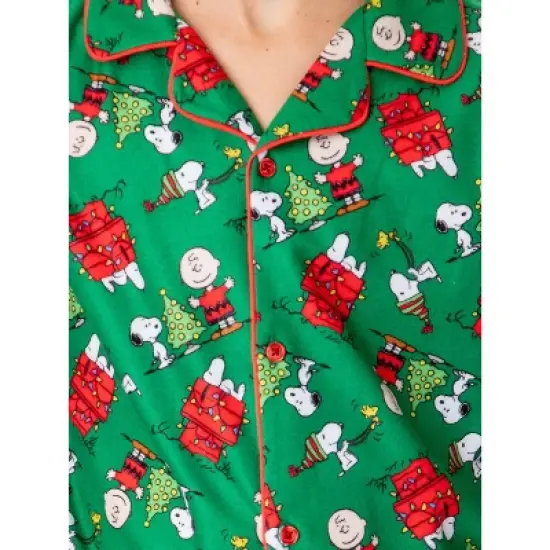 Peanuts Boys' Christmas Snoopy Charlie Brown Button Down Sleep Pajama Set Green image {2}