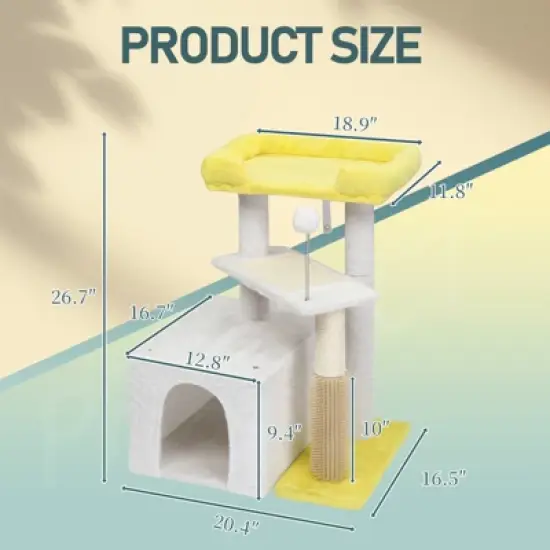 27.5in Cat Tree, Multi-level Cat Tower with Cat Scratching Post and Pad, Cozy Cat Condo, Padded Top Bed for Kittens and Indoor Cats, Yellow & White image {1}