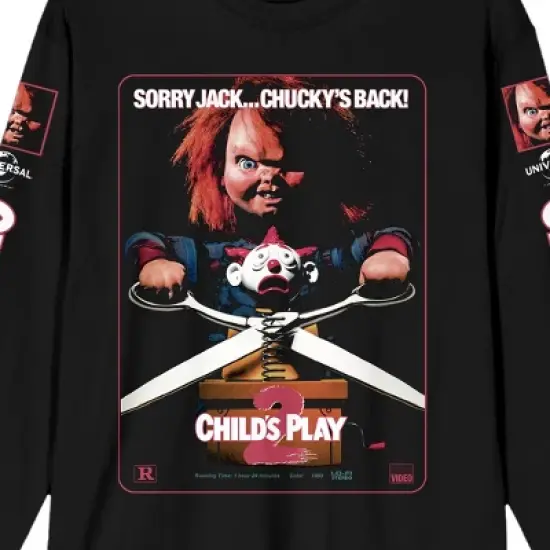 Chucky Child's Play 2 VHS Cover Art Crew Neck Long Sleeve Men's Black Tee image {1}