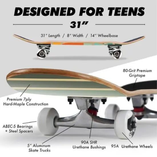 Magneto Skateboard | Maple Wood | ABEC 5 Bearings | Double Kick Concave Deck | For Beginners, Teens (Retro Sun) image {3}