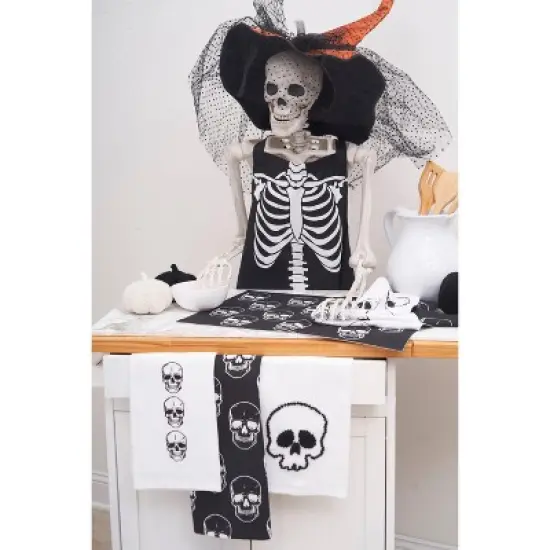 C&F Home Skully Black & White Halloween Dishtowel Set of 2 image {2}