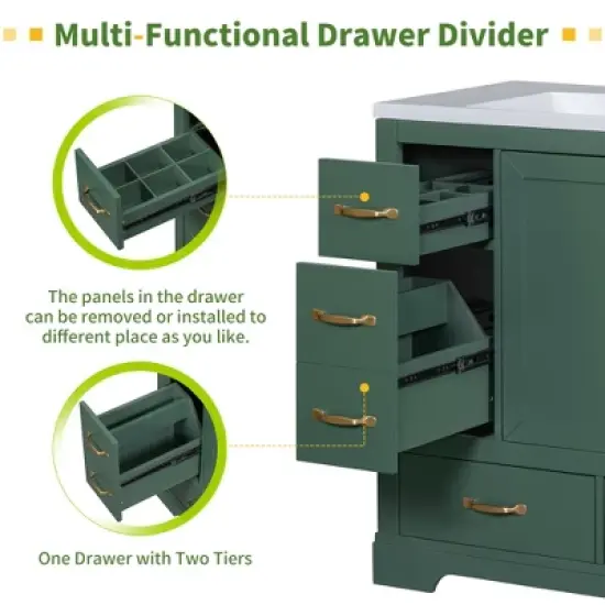 36" Bathroom Vanity Cabinet Base Only, Solid Wood & MDF, 6 Drawers, Adjustable Shelf, No Sink, Freestanding image {1}