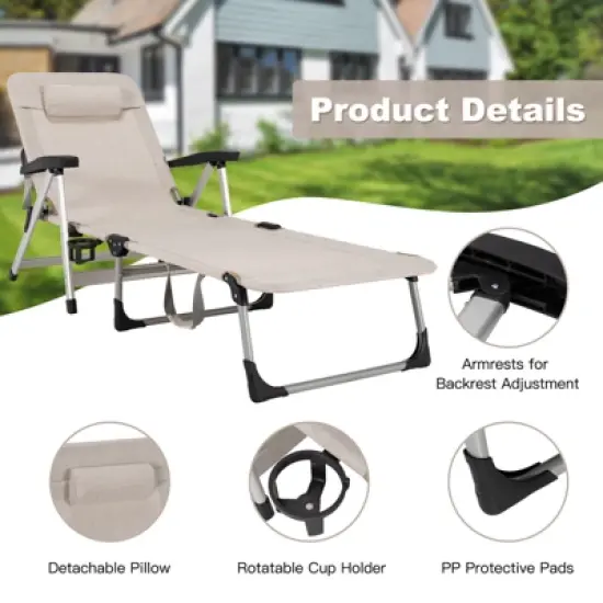 Tangkula Folding Camping Cot, Adjustable 7-position Lounge Chair w/ Removable Headrest & Cup Holder Black/ Grey/ Beige/ Blue image {5}