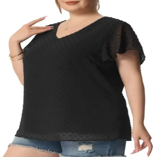 Agnes Orinda Plus Size Blouses for Women Tired Flare Sleeve V Neck Swiss Dots Tops image {8}