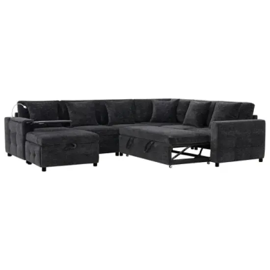 Whisen Chenille Sectional Pull-Out Sofa Bed with Flip-Up Table, Adjustable Reading Lamp, Charging Ports, Movable Storage Ottoman image {9}
