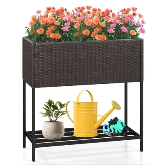 Tangkula Elevated Planter Box Raised Garden Bed w/ Rattan Surface Bottom Storage Shelf image {10}
