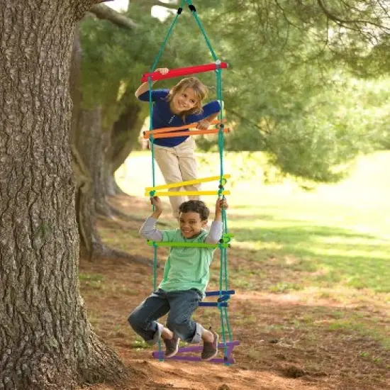 HearthSong Rainbow Triangle Weather-Resistant Kids' Rope Climbing Ladder with Colorful Metal Rungs and Nylon Rope image {6}