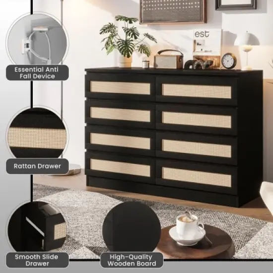 8 Drawer Double Dresser for Bedroom, Rattan Chest of Dressers, Modern Wooden Dresser Chest image {5}