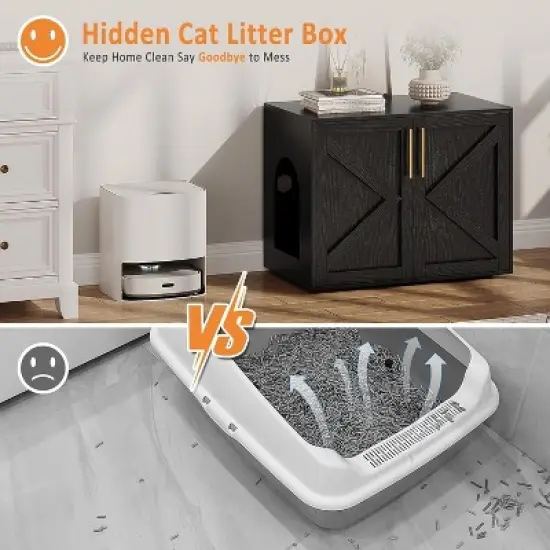 Cat Litter Box Enclosure, Farmhouse Rustic Wooden Cat Washroom Furniture with Barn Doors, Hidden Litter Box Cabinet End Table for Indoor Home image {6}