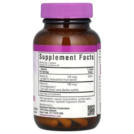 Bluebonnet Nutrition Vitamin D3 & K2, 60 Vegetable Capsules image {1}