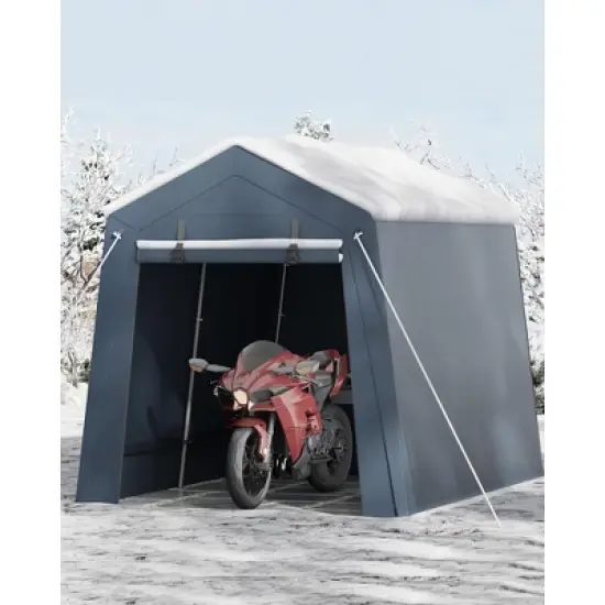 7x10FT Portable Outdoor Storage Shed with 2 Roll-Up Zipper Doors & Vents,Waterproof PE Tarp,UV-Resistant Carport for Motorcycle,Firewood,Tools-Gray image {8}