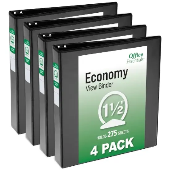 Office Essentials Economy View 3 Ring Binders, 1.5" Round Rings, 2.1" Spine, 275-Sheet Capacity, Black Binders (4-Pack of 03129) image {7}
