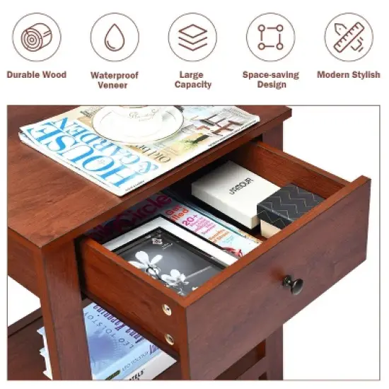 Costway Night Stand End Side Table Bedside Accent Table with Drawer and Storage Shelf image {6}