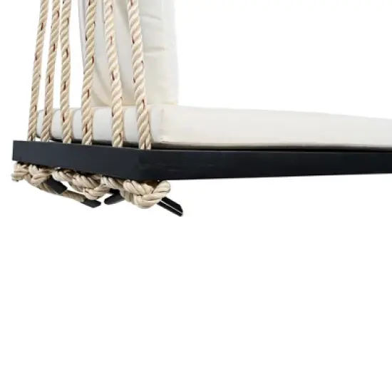 63" Acacia Wood Hanging Patio Swing Chair with Cushions & 10.8ft Hemp Ropes, Porch Swing Bench, 400 lbs Capacity image {11}